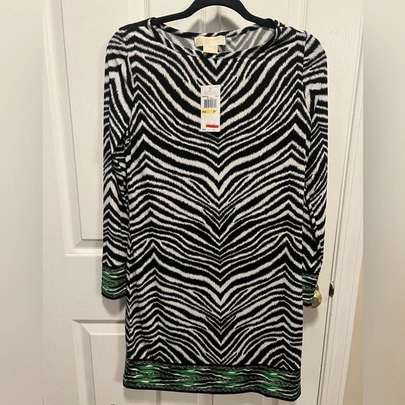 Michael Michael Kors Long-Sleeve Zebra-Print Shift Dress NWT size medium petite - Picture 2 of 3